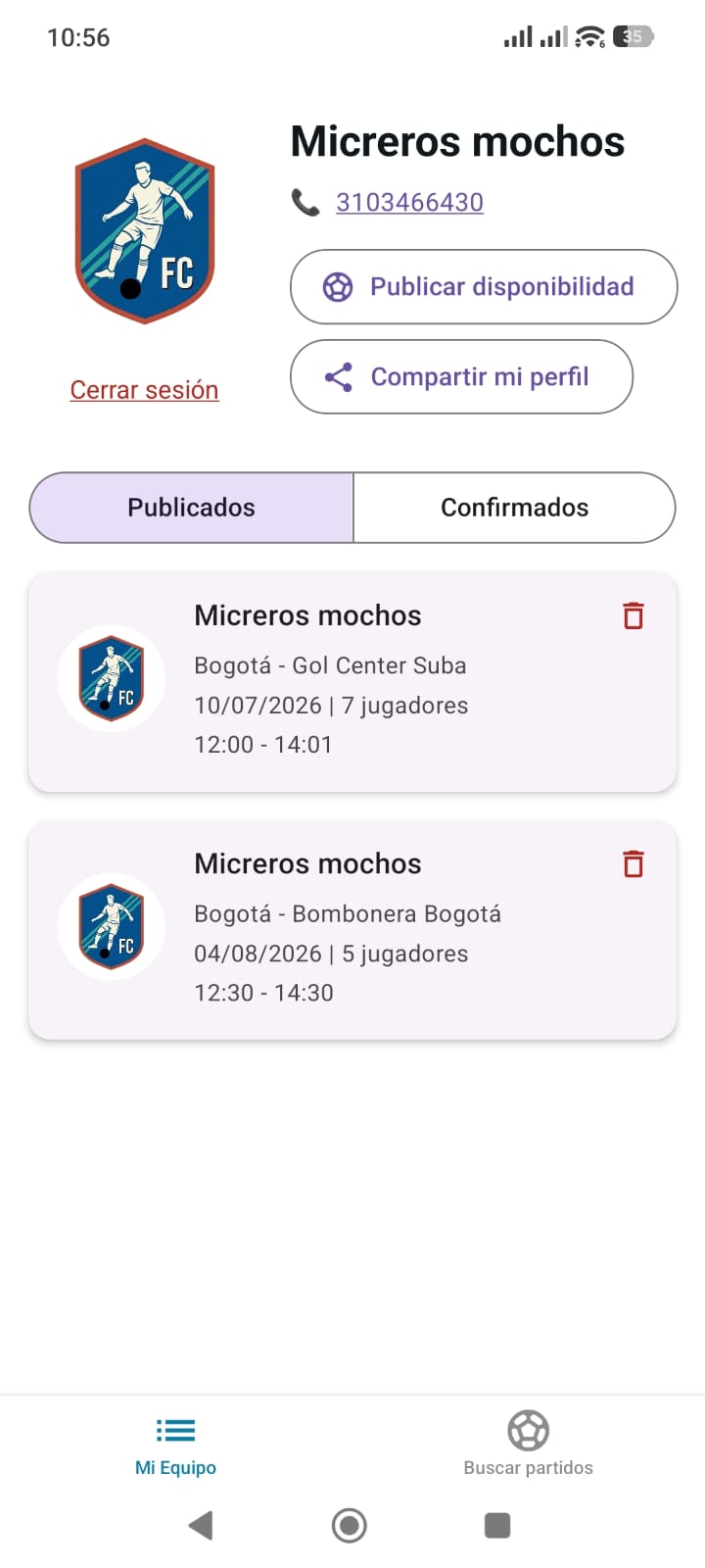 Perfil de equipo mostrando partidos publicados y confirmados