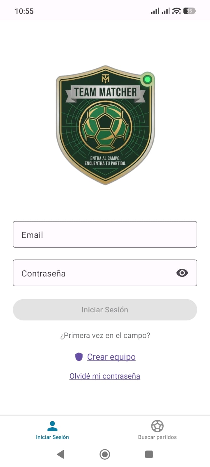 Pantalla de inicio de sesión de Team Matcher con el escudo del equipo