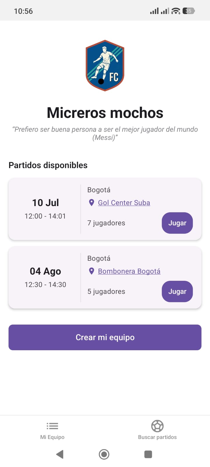 Perfil público de equipo con lista de partidos disponibles